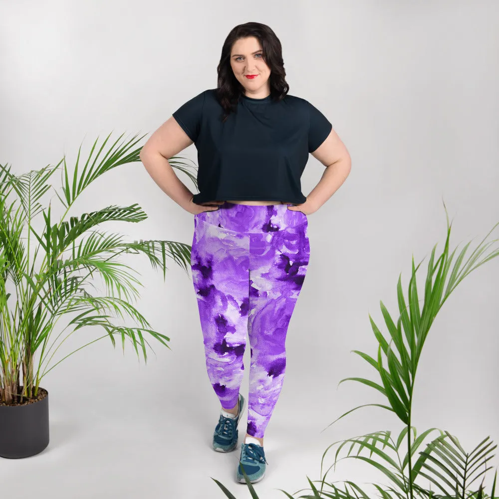 Purple Floral Plus Size Leggings, Abstract Flower Women's Long Yoga Tights-Made in USA/EU