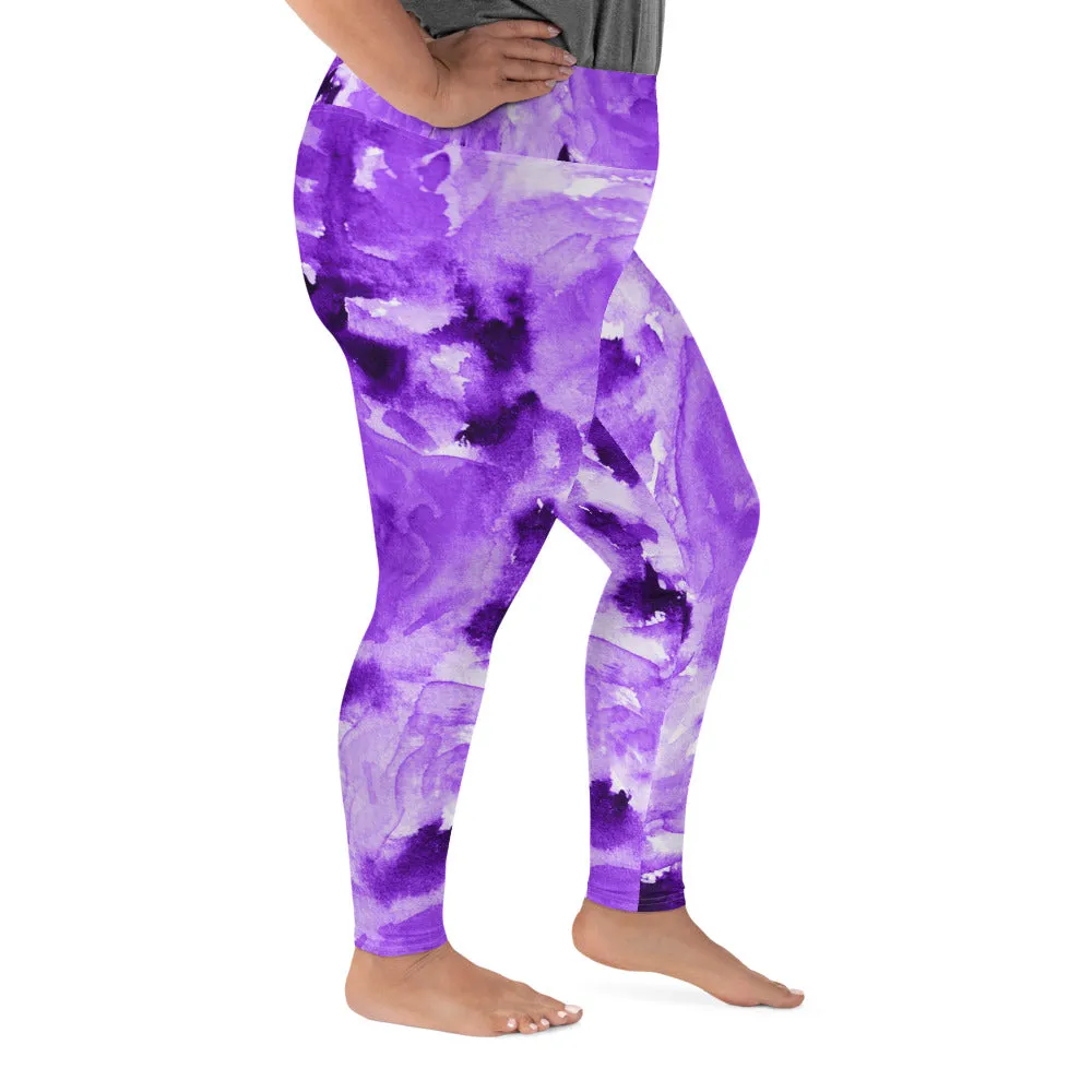 Purple Floral Plus Size Leggings, Abstract Flower Women's Long Yoga Tights-Made in USA/EU