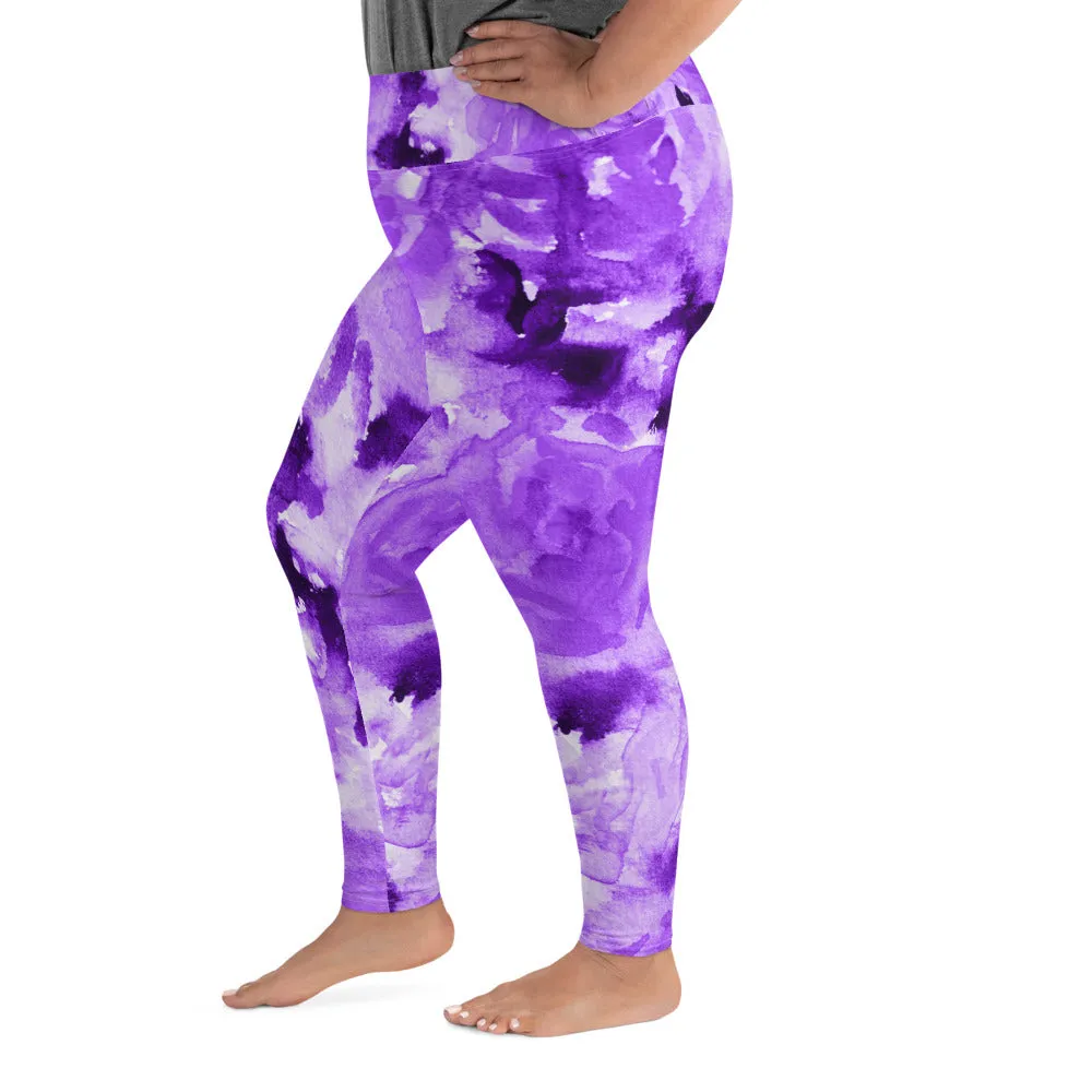 Purple Floral Plus Size Leggings, Abstract Flower Women's Long Yoga Tights-Made in USA/EU