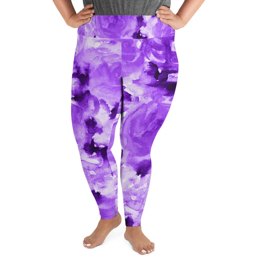 Purple Floral Plus Size Leggings, Abstract Flower Women's Long Yoga Tights-Made in USA/EU