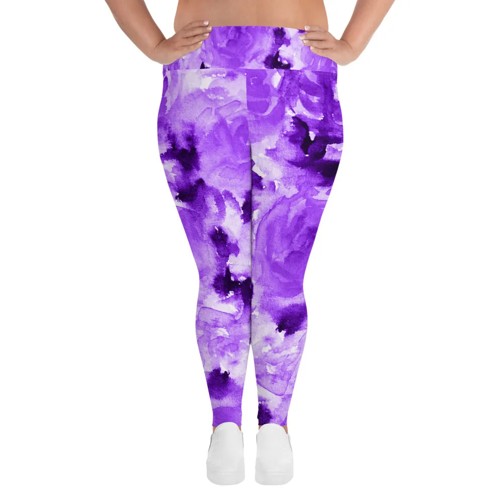 Purple Floral Plus Size Leggings, Abstract Flower Women's Long Yoga Tights-Made in USA/EU
