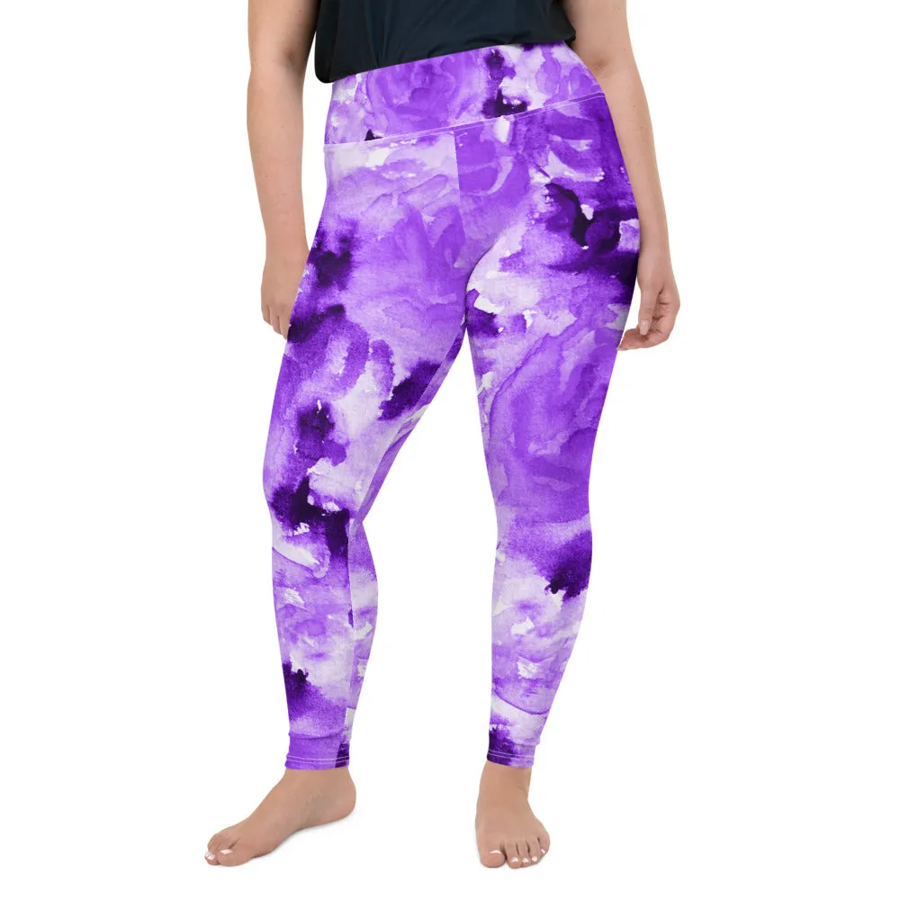 Purple Floral Plus Size Leggings, Abstract Flower Women's Long Yoga Tights-Made in USA/EU