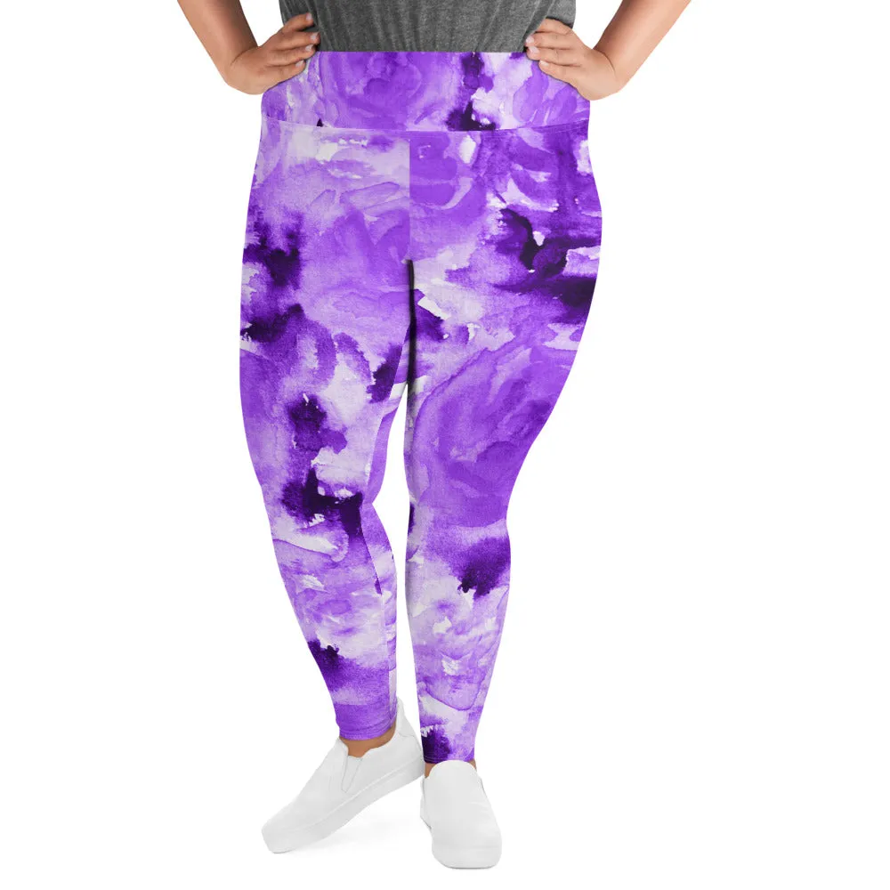 Purple Floral Plus Size Leggings, Abstract Flower Women's Long Yoga Tights-Made in USA/EU