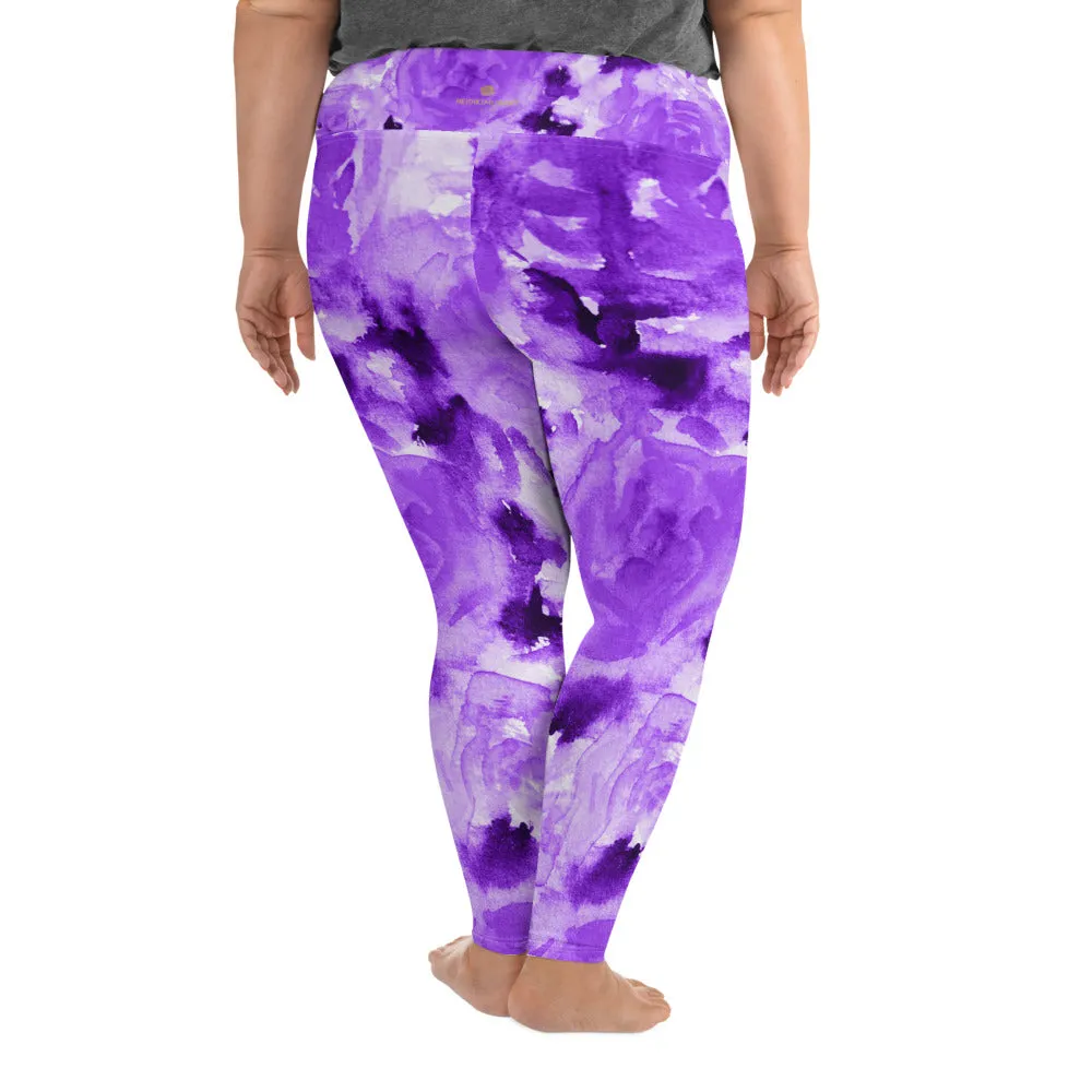 Purple Floral Plus Size Leggings, Abstract Flower Women's Long Yoga Tights-Made in USA/EU