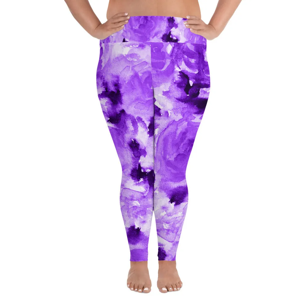 Purple Floral Plus Size Leggings, Abstract Flower Women's Long Yoga Tights-Made in USA/EU