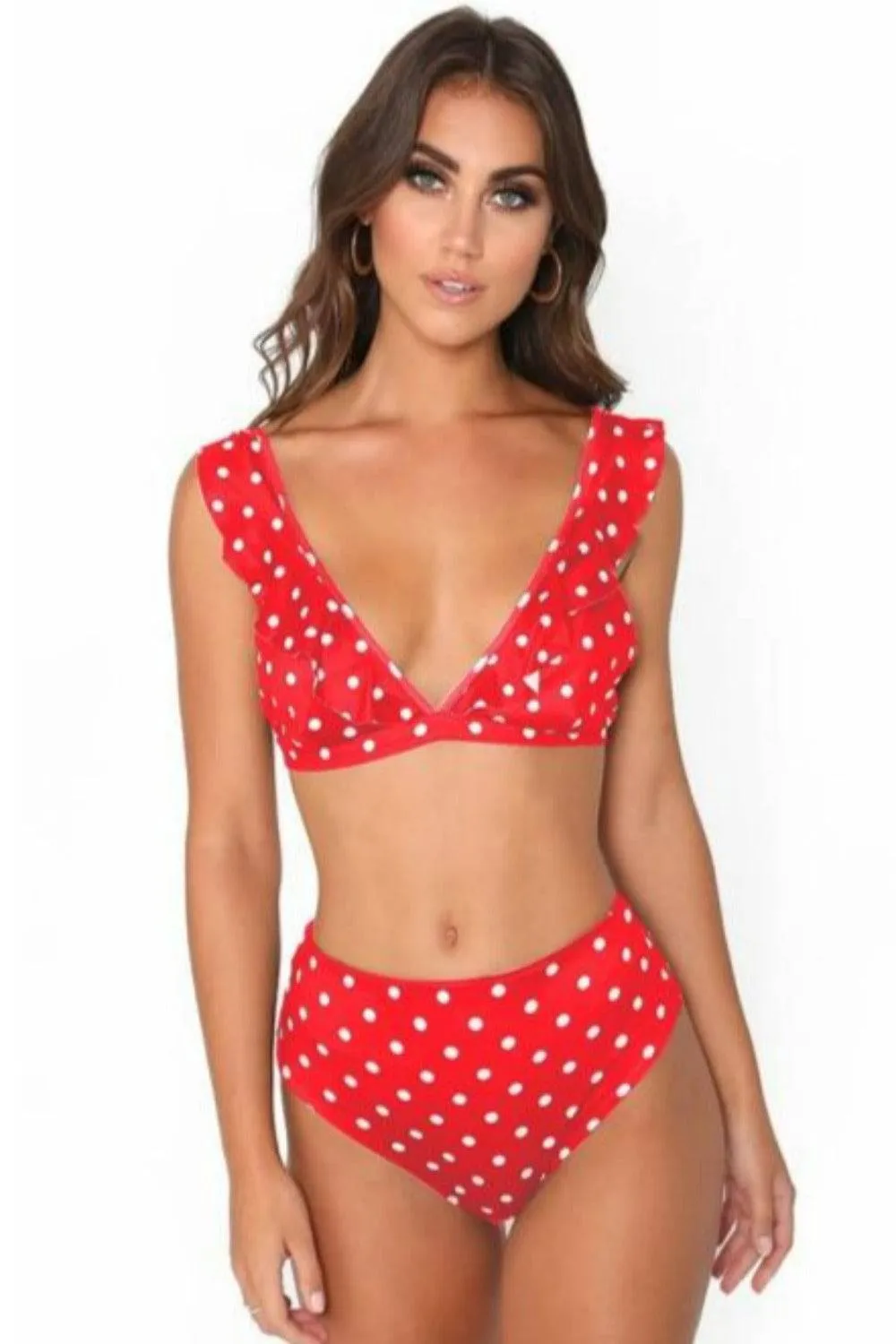 Rachel Polka Dot Ruffle Red High Waisted Bikini