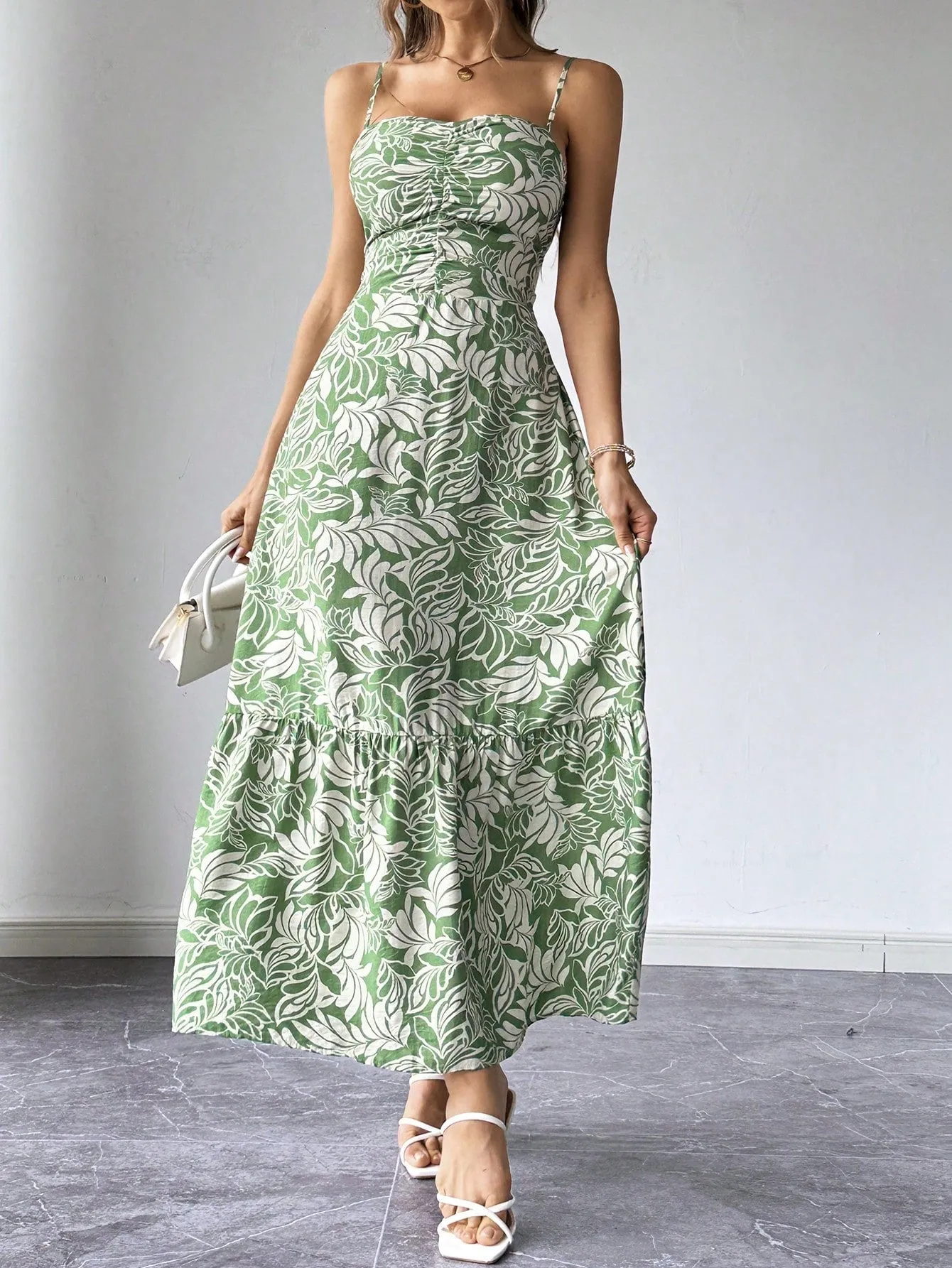 SHEIN Privé Women's Holiday Green Plant Print Chest Pleated Design Spaghetti Straps Long Dress, Women's Elegant Green Long Dress. Suitable For Beach Women Clothing. Bohemian Style