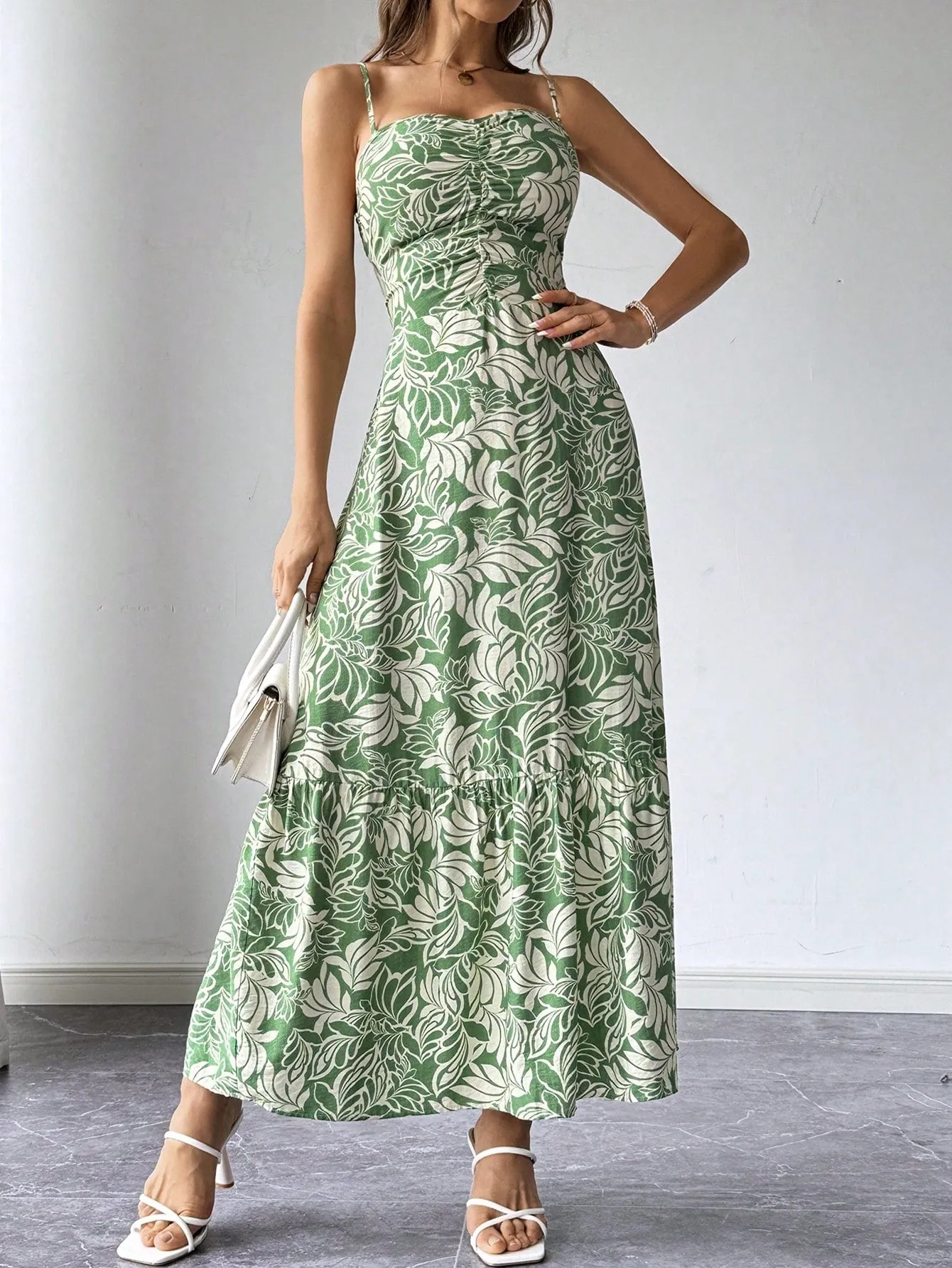SHEIN Privé Women's Holiday Green Plant Print Chest Pleated Design Spaghetti Straps Long Dress, Women's Elegant Green Long Dress. Suitable For Beach Women Clothing. Bohemian Style