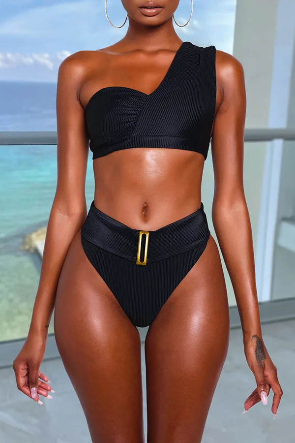Solid Color Ribbed High Waisted One Shoulder On-trend Bikini