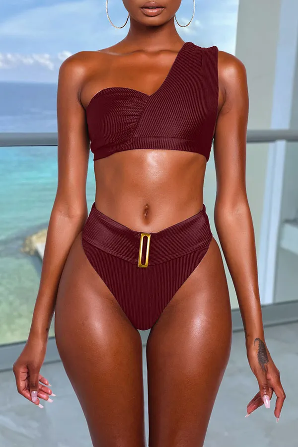 Solid Color Ribbed High Waisted One Shoulder On-trend Bikini