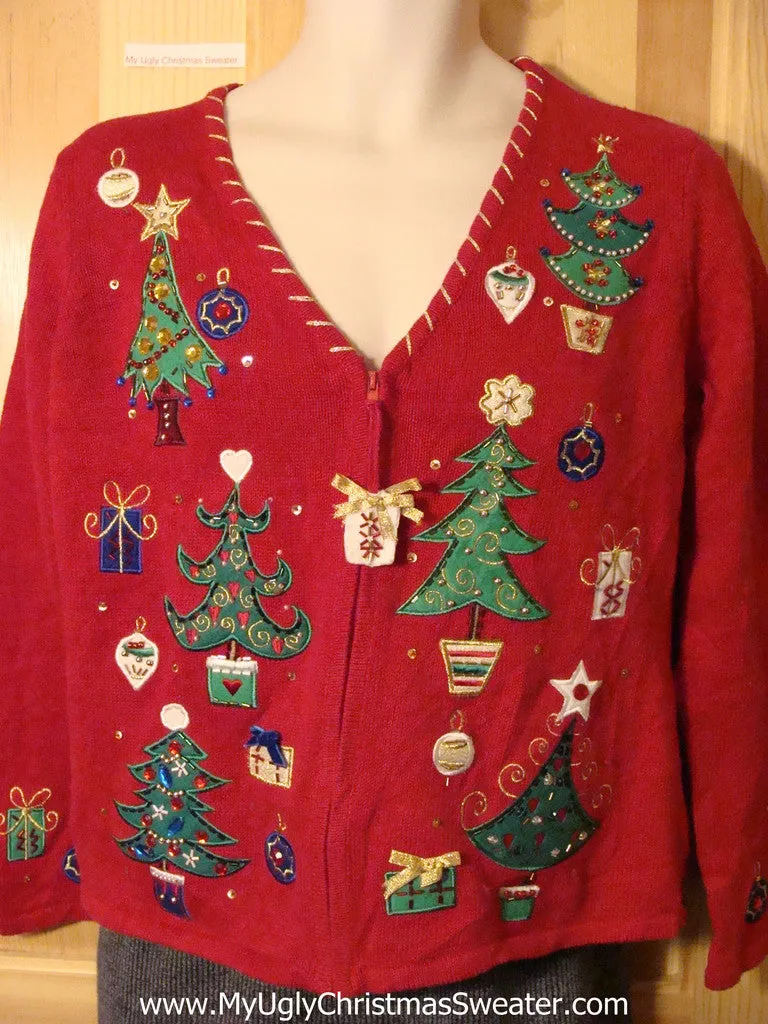 Tacky Cheap Ugly Christmas Sweater with Bling Filled Christmas Trees (f698)