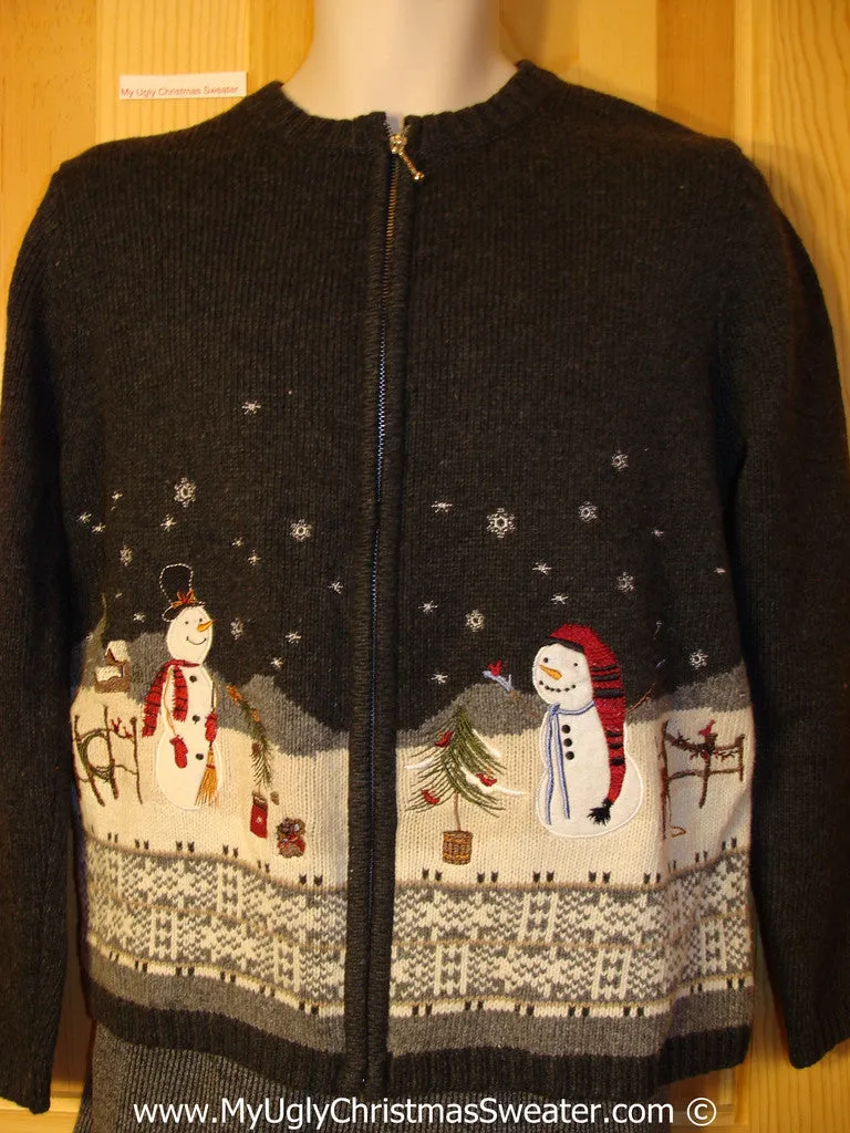 Tacky Cheesy Holiday Sweater with Snowman Friends in a Winter Wonderland (f1177)