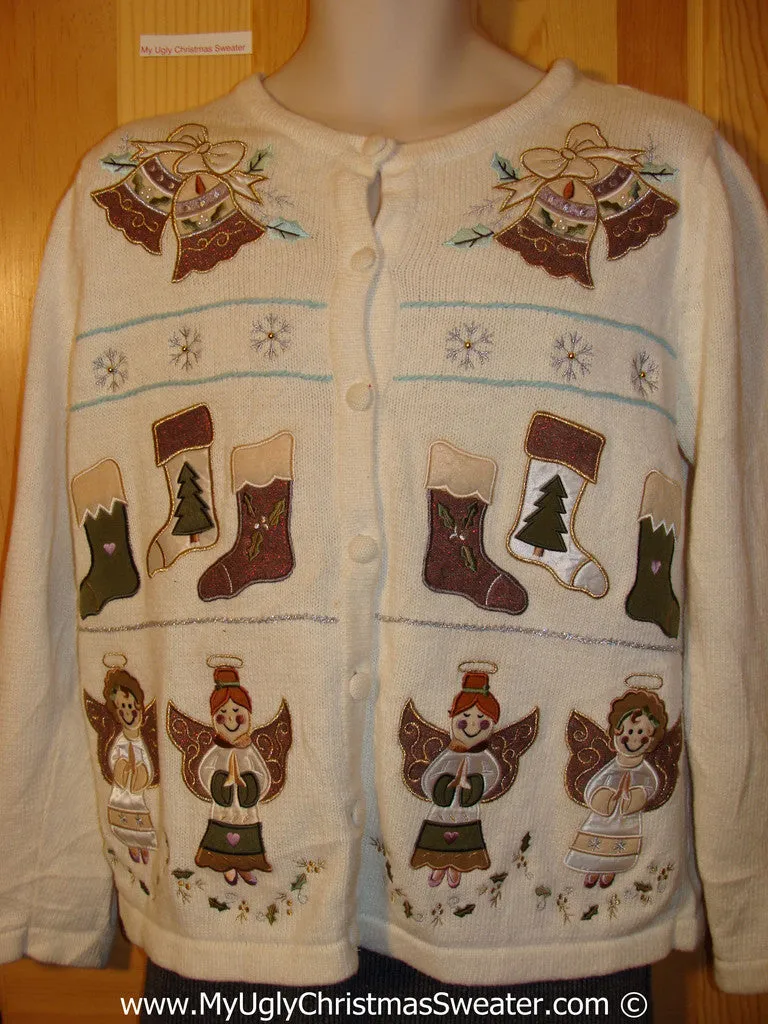 Tacky Christmas Sweater Party Ugly Sweater with Angels, Stockings, and Bells (f876)