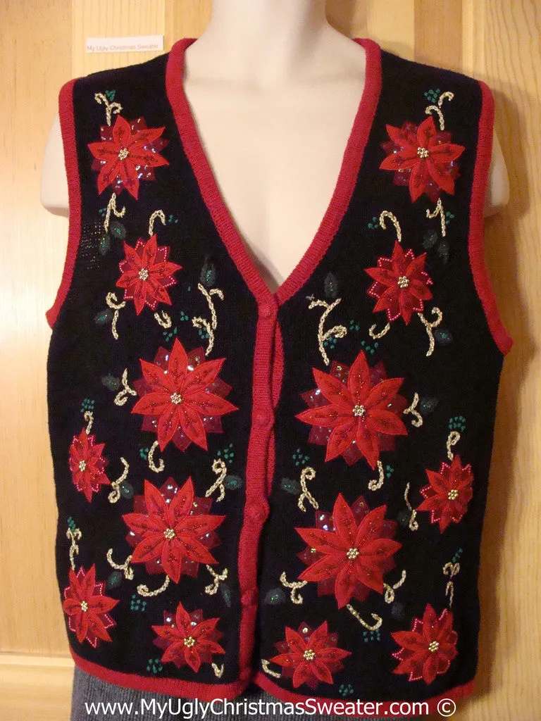 Tacky Christmas Sweater Vest with Red Poinsettias (f1216)