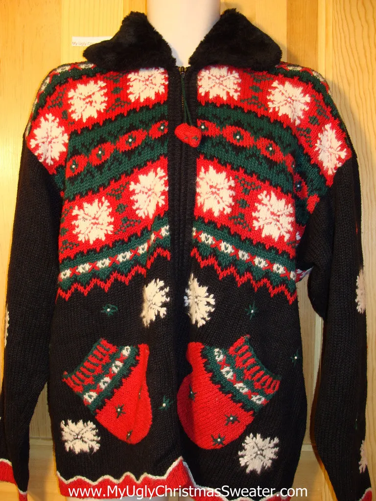 Tacky Ugly Christmas Sweater 80s 2sided Nordic with Real Mitten Pockets and Faux Fur Collar  (f413)