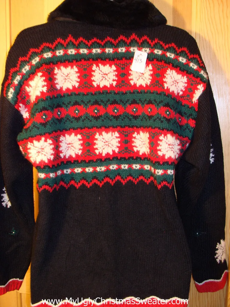 Tacky Ugly Christmas Sweater 80s 2sided Nordic with Real Mitten Pockets and Faux Fur Collar  (f413)