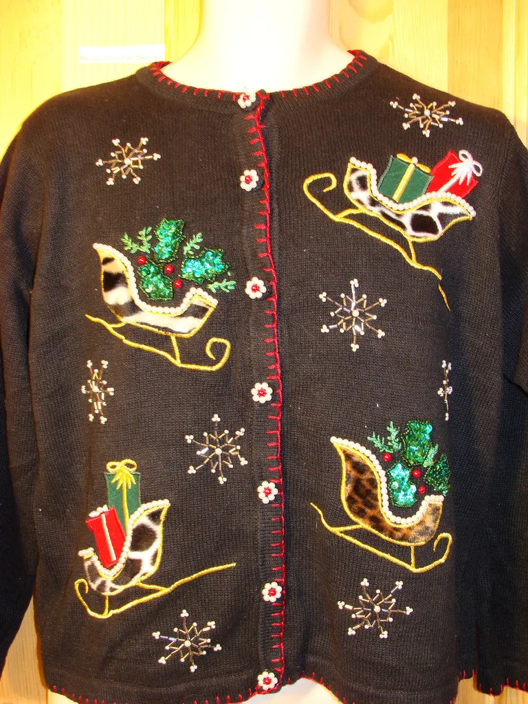 Tacky Ugly Christmas Sweater with Bling Leopard Fabrid Sleighs with Ivy  (f477)