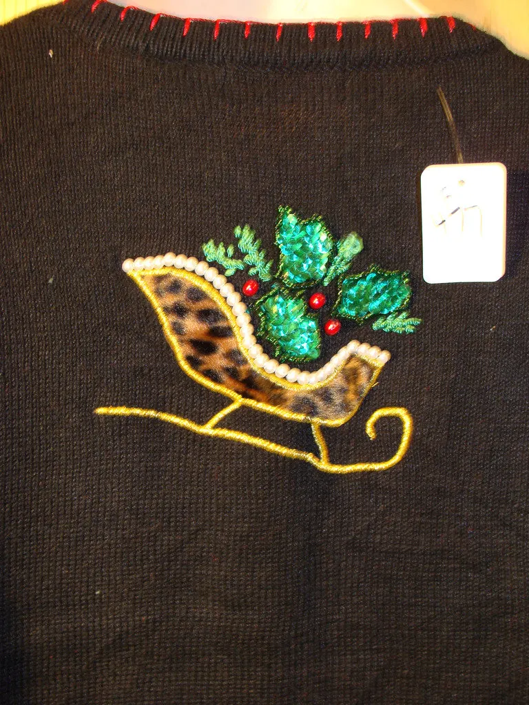 Tacky Ugly Christmas Sweater with Bling Leopard Fabrid Sleighs with Ivy  (f477)