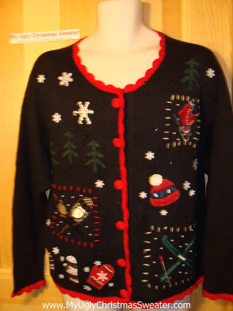 Tacky Ugly Christmas Sweater with Skates and Skis (f129)