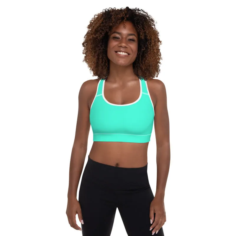 Turquoise Blue Color Sports Bra, Solid Color Bright Best Padded Yoga Bra- Made in USA/ EU