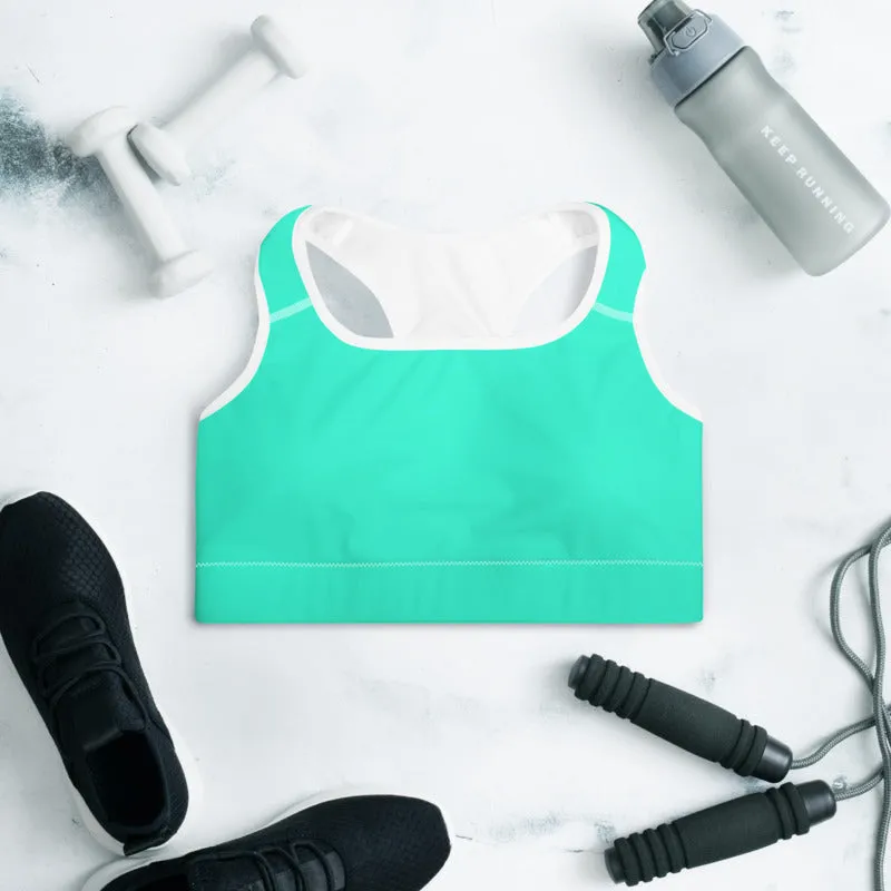 Turquoise Blue Color Sports Bra, Solid Color Bright Best Padded Yoga Bra- Made in USA/ EU
