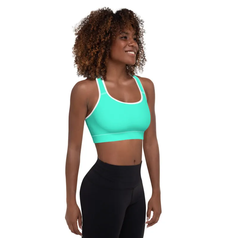 Turquoise Blue Color Sports Bra, Solid Color Bright Best Padded Yoga Bra- Made in USA/ EU