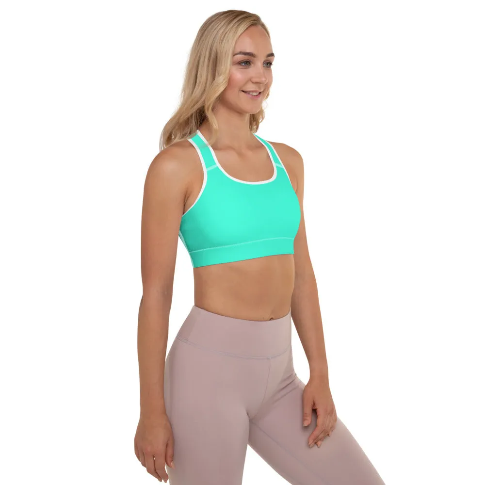 Turquoise Blue Color Sports Bra, Solid Color Bright Best Padded Yoga Bra- Made in USA/ EU