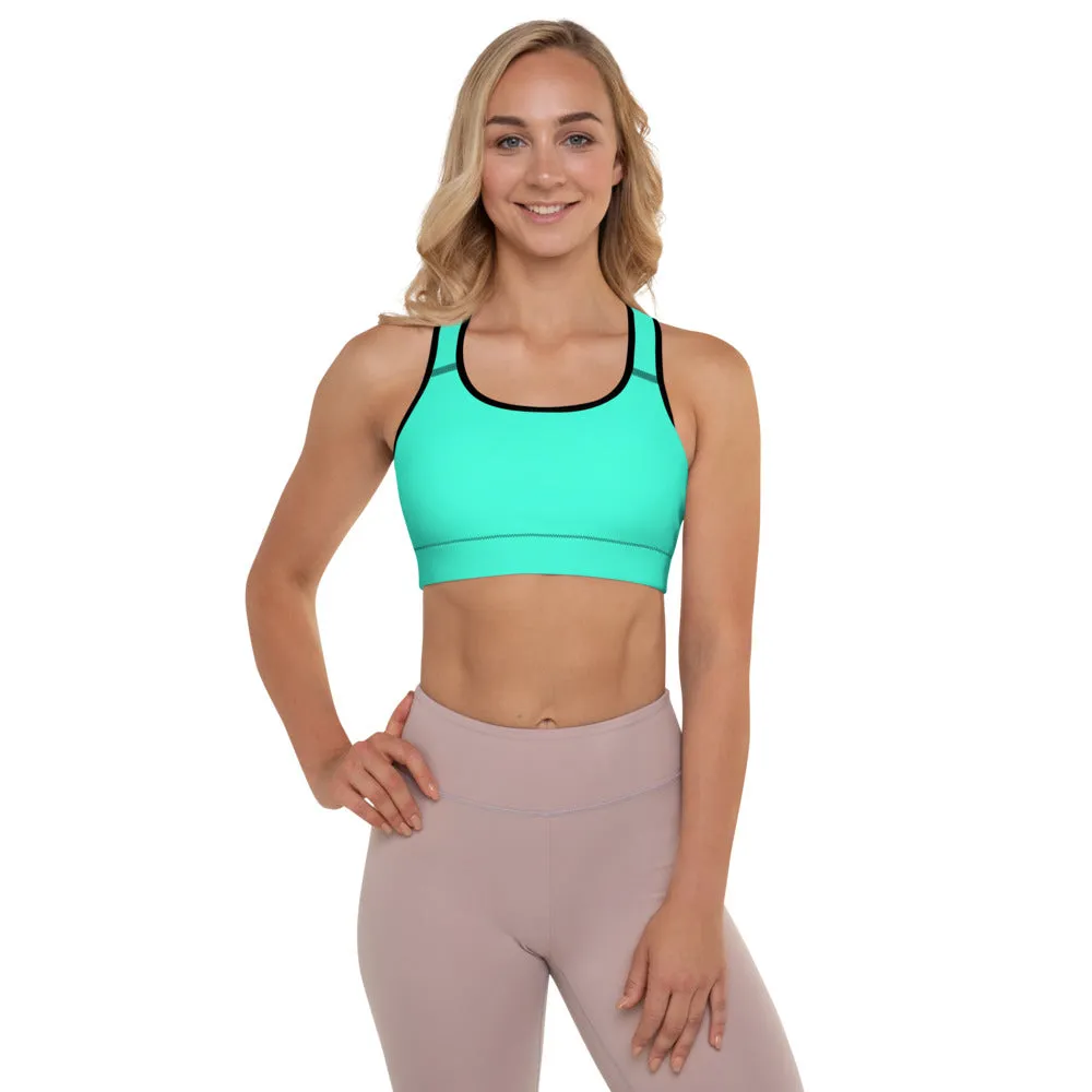 Turquoise Blue Color Sports Bra, Solid Color Bright Best Padded Yoga Bra- Made in USA/ EU
