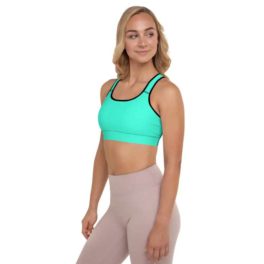 Turquoise Blue Color Sports Bra, Solid Color Bright Best Padded Yoga Bra- Made in USA/ EU