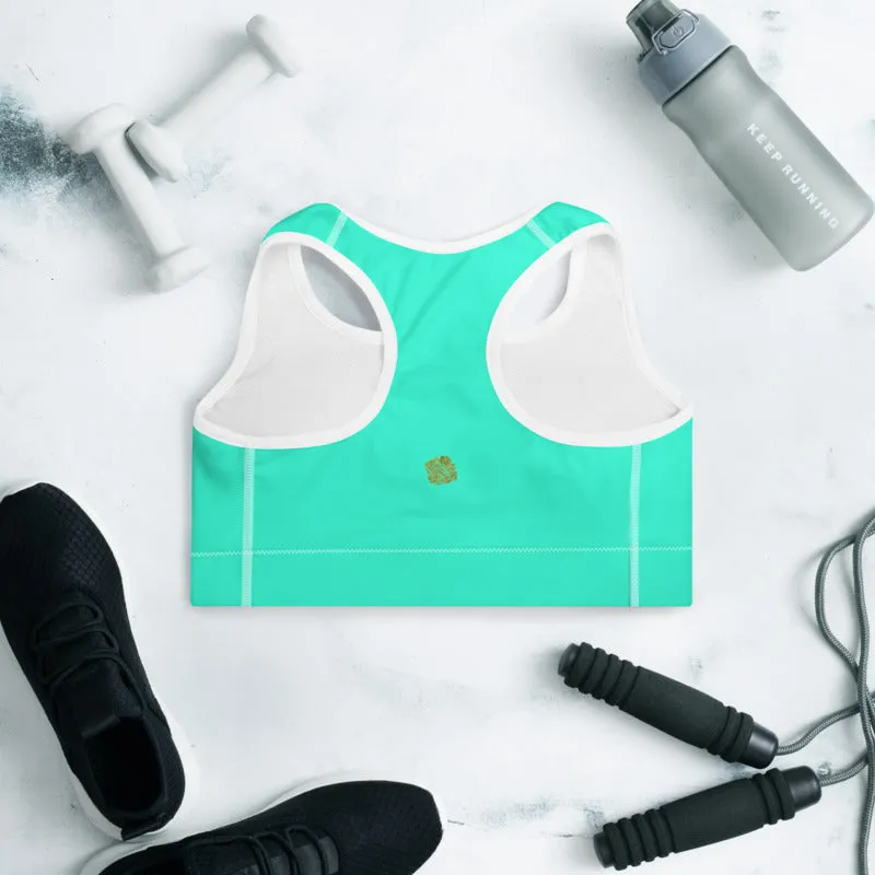 Turquoise Blue Color Sports Bra, Solid Color Bright Best Padded Yoga Bra- Made in USA/ EU