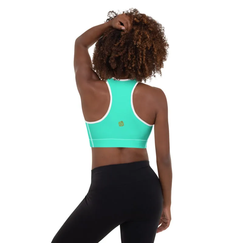 Turquoise Blue Color Sports Bra, Solid Color Bright Best Padded Yoga Bra- Made in USA/ EU