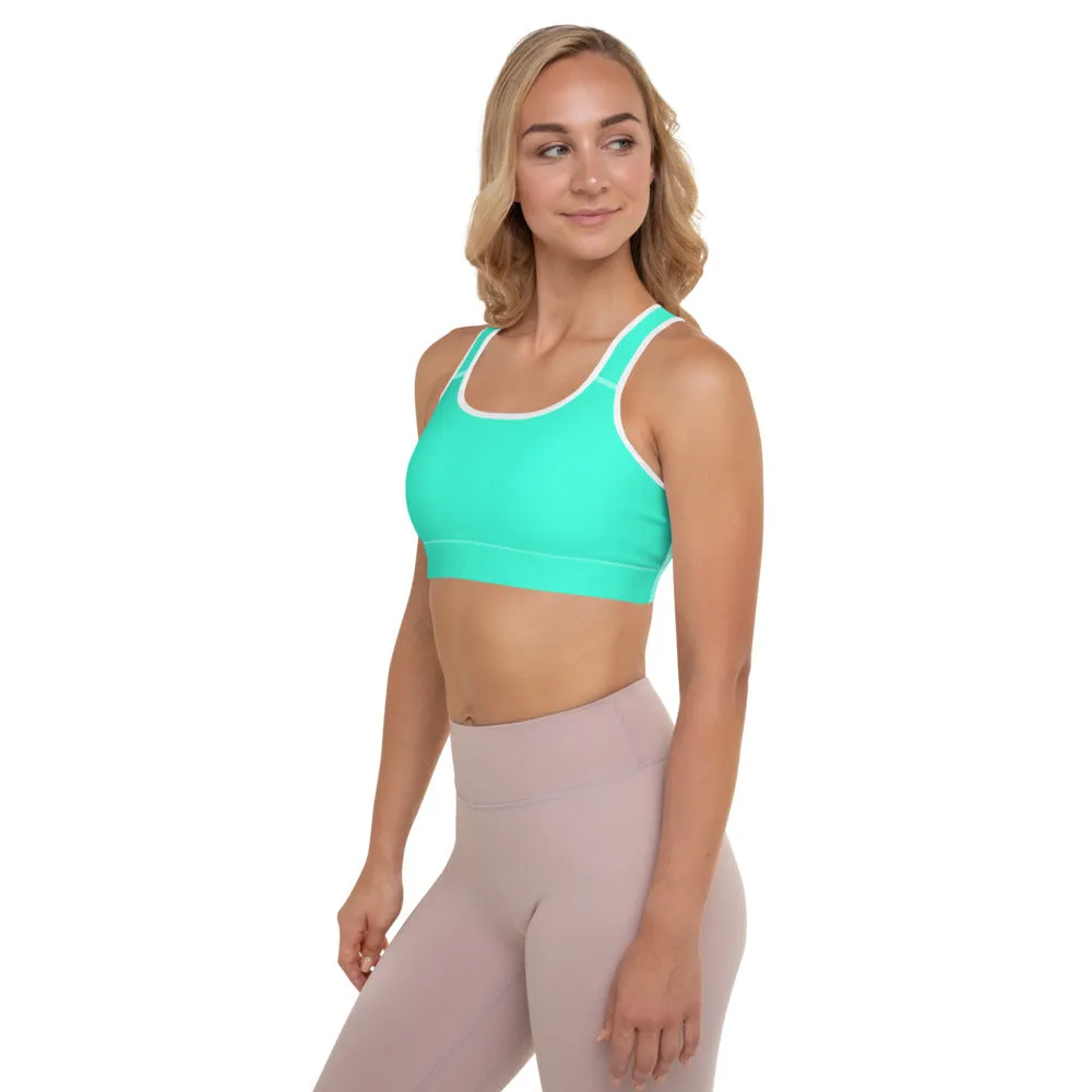 Turquoise Blue Color Sports Bra, Solid Color Bright Best Padded Yoga Bra- Made in USA/ EU