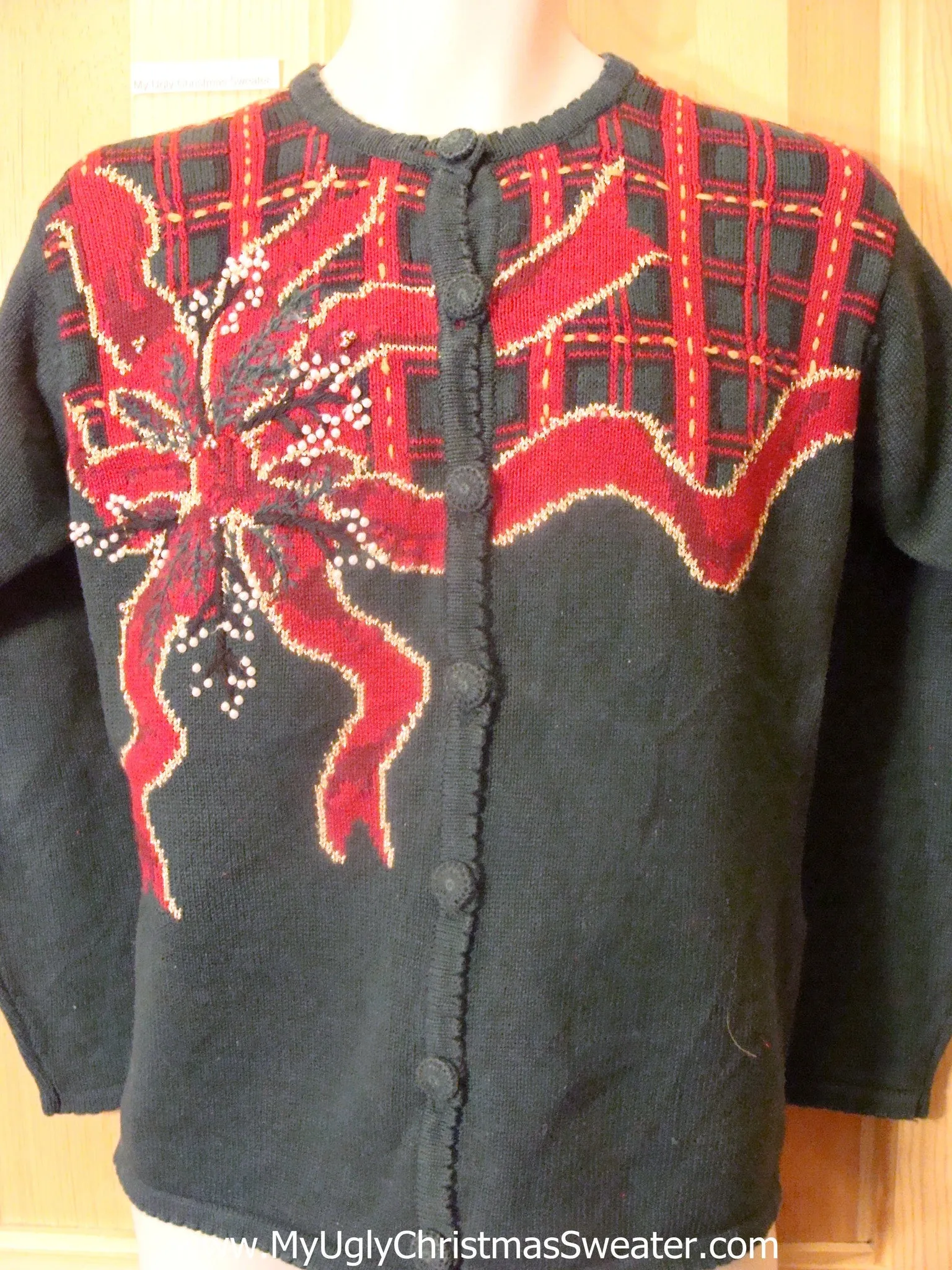 Ugly Christmas Sweater Horrible Poinsetta and Red Bow