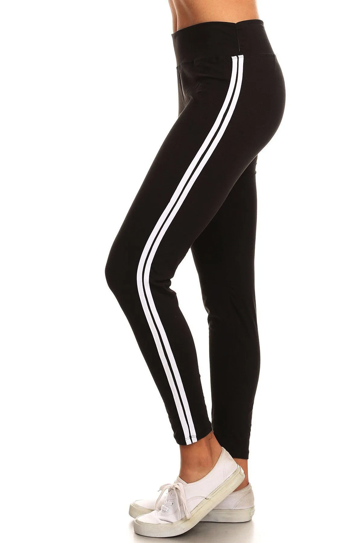 Womens High Waist Solid White Stripe Yoga Work Out Pants Leggings for Regular and Plus