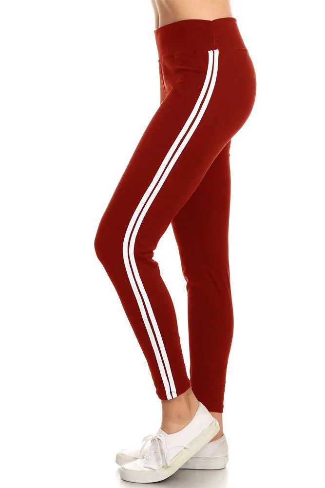 Womens High Waist Solid White Stripe Yoga Work Out Pants Leggings for Regular and Plus